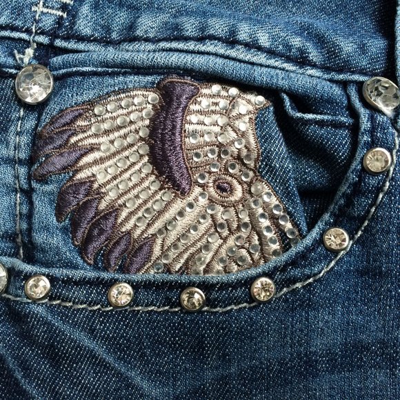LA Idol USA Womens Jeans Boot Cut Sz 9 Feather Headdress Rhinestones Embellished - Picture 10 of 12